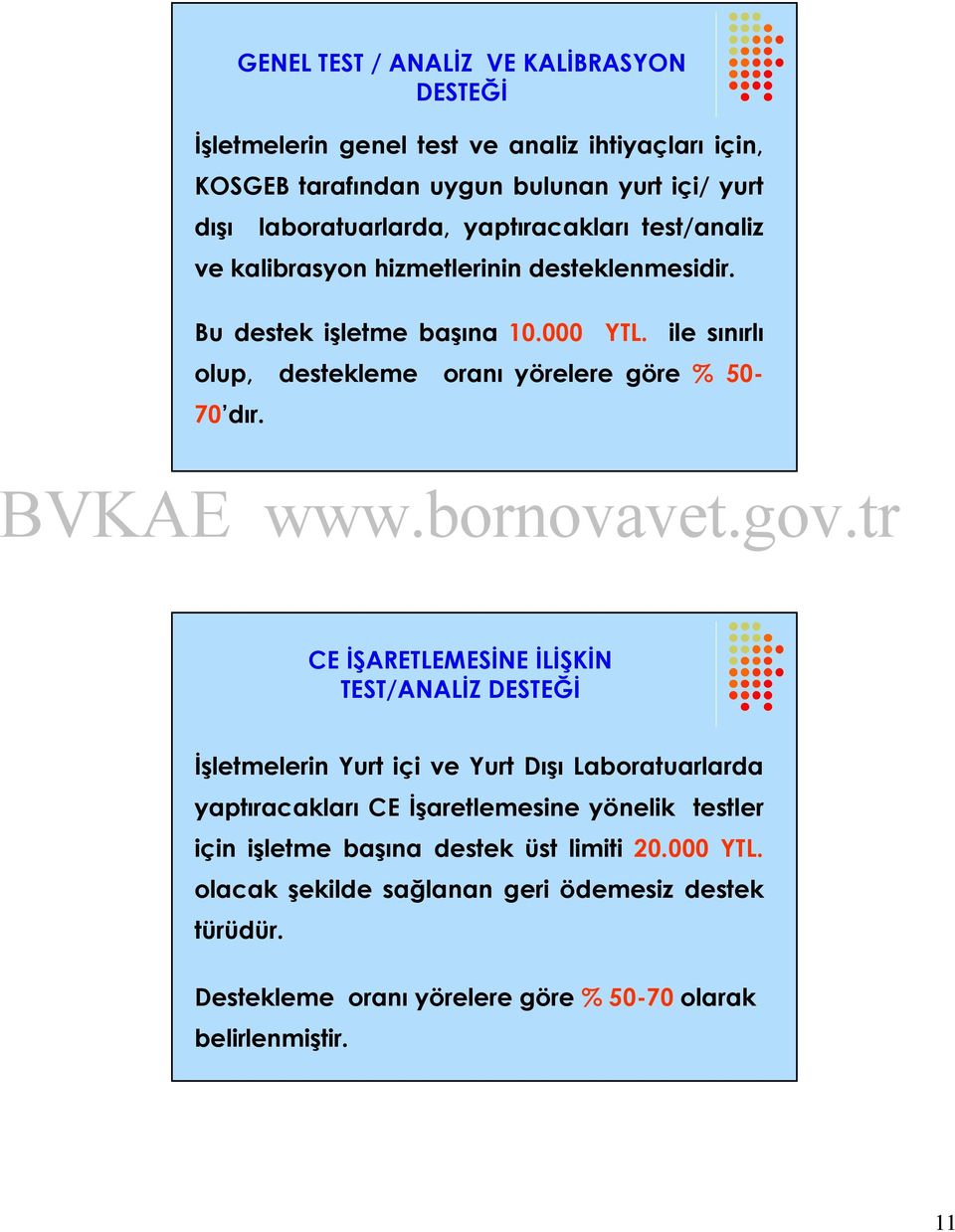 ile sınırlı olup, destekleme oranı yörelere göre % 50-70 dır.