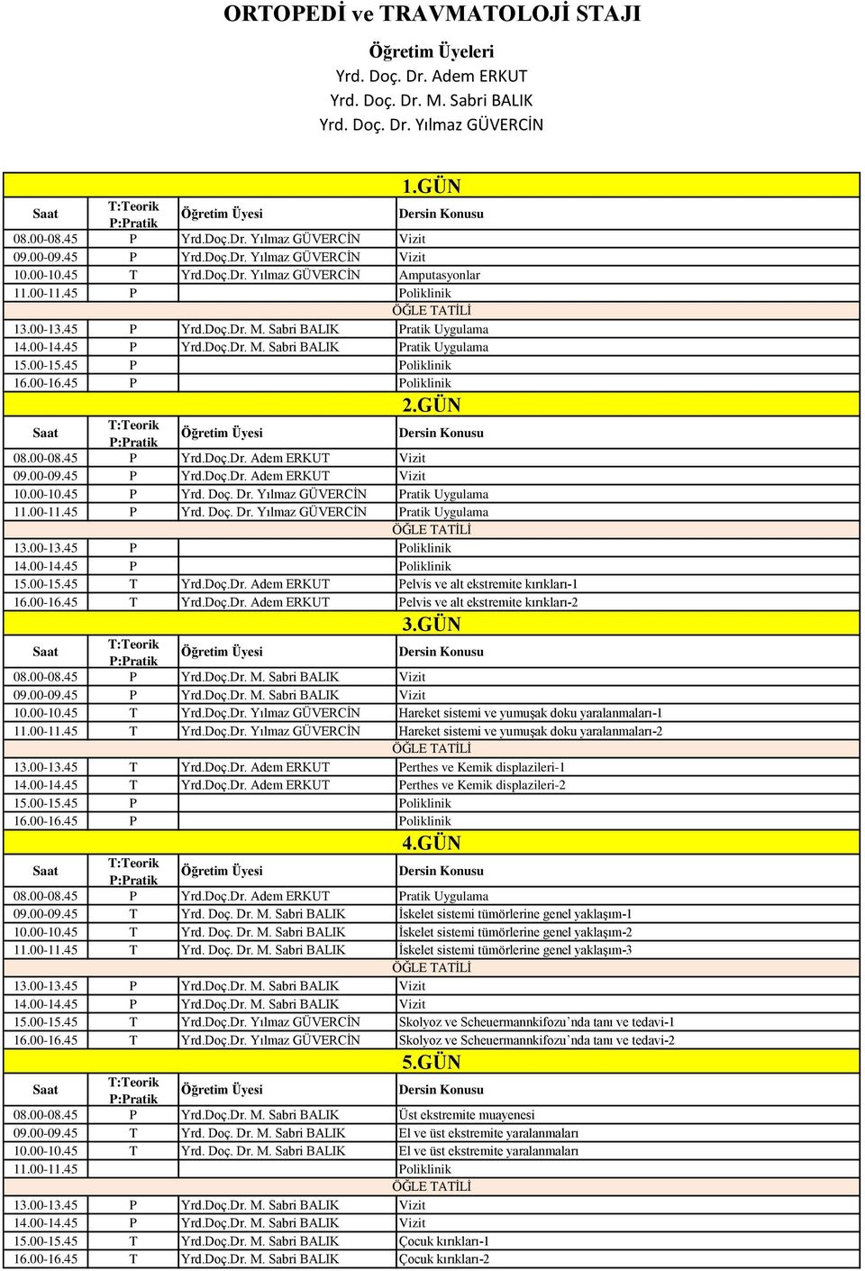 45 P Poliklinik 16.00-16.45 P Poliklinik 2.GÜN 08.00-08.45 P Yrd.Doç.Dr. dem ERKUT Vizit 09.00-09.45 P Yrd.Doç.Dr. dem ERKUT Vizit 10.00-10.45 P Yrd. Doç. Dr. Yılmaz GÜVERCİN Pratik Uygulama 11.00-11.