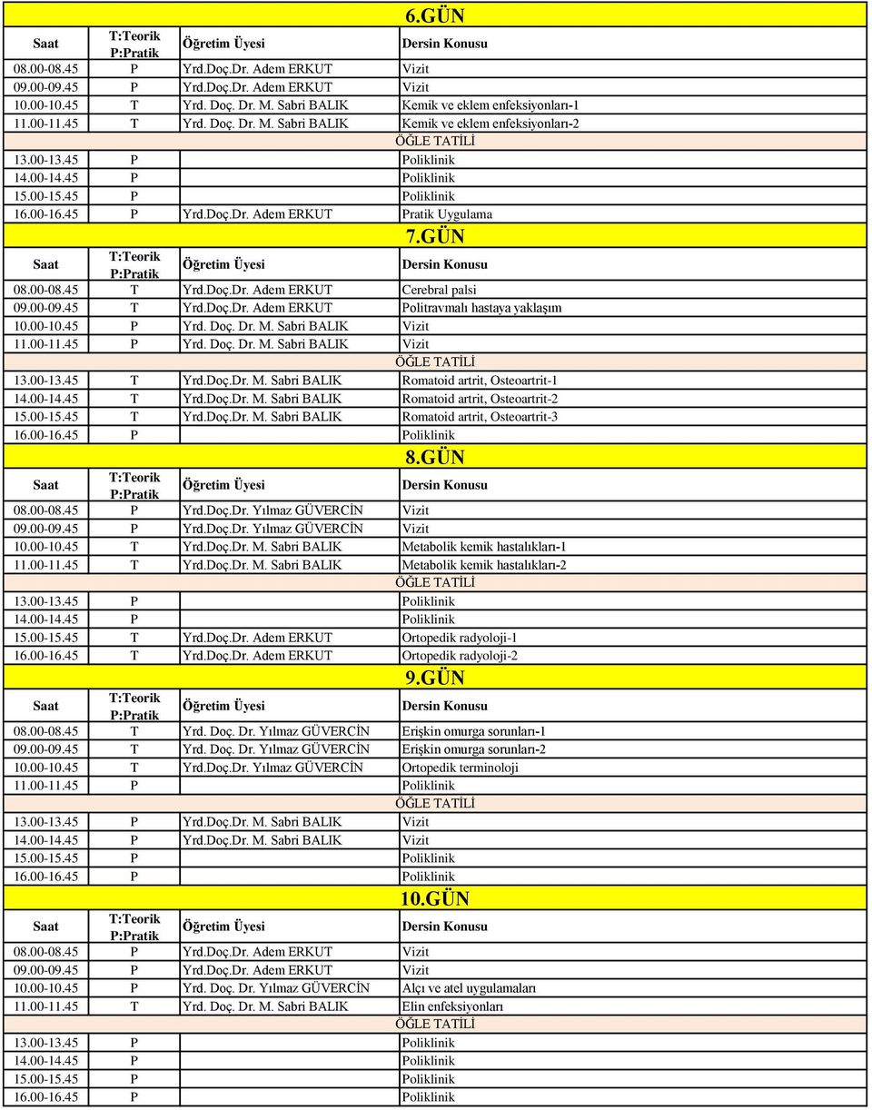 00-10.45 P Yrd. Doç. Dr. M. Sabri BLIK Vizit 11.00-11.45 P Yrd. Doç. Dr. M. Sabri BLIK Vizit 13.00-13.45 T Yrd.Doç.Dr. M. Sabri BLIK Romatoid artrit, Osteoartrit-1 14.00-14.45 T Yrd.Doç.Dr. M. Sabri BLIK Romatoid artrit, Osteoartrit-2 15.