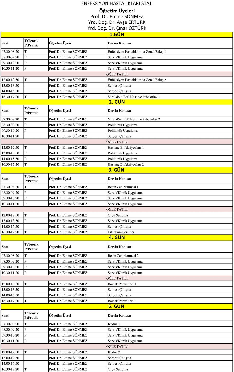 50 Prof. Dr. Emine SÖNMEZ Serbest Çalışma 16.30-17.20 T Prof. Dr. Emine SÖNMEZ Viral dök. Enf. Hast. ve kabakulak 1 07.30-08.20 T Prof. Dr. Emine SÖNMEZ Viral dök. Enf. Hast. ve kabakulak 2 08.30-09.