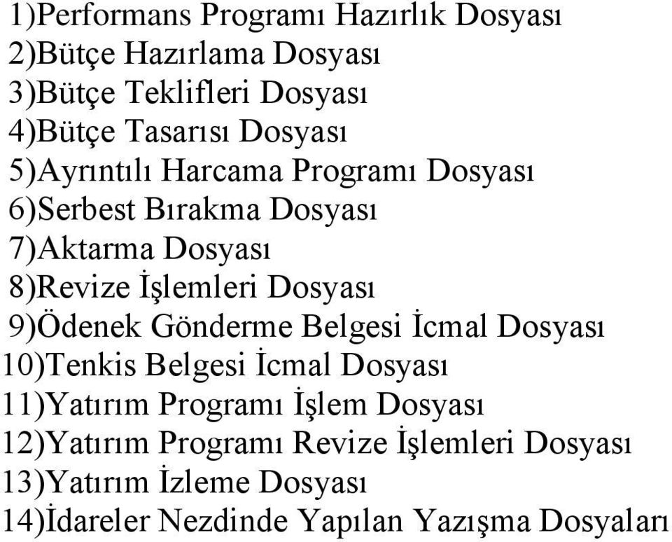 Dosyası 9)Ödenek Gönderme Belgesi İcmal Dosyası 10)Tenkis Belgesi İcmal Dosyası 11)Yatırım Programı İşlem