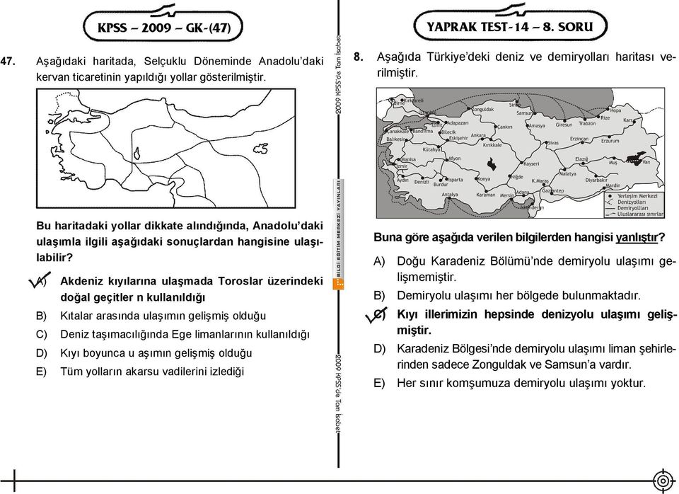 A) Akdeniz kıyılarına ulaşmada Toroslar üzerindeki doğal geçitler n kullanıldığı B) Kıtalar arasında ulaşımın gelişmiş olduğu C) Deniz taşımacılığında Ege limanlarının kullanıldığı D) Kıyı boyunca u