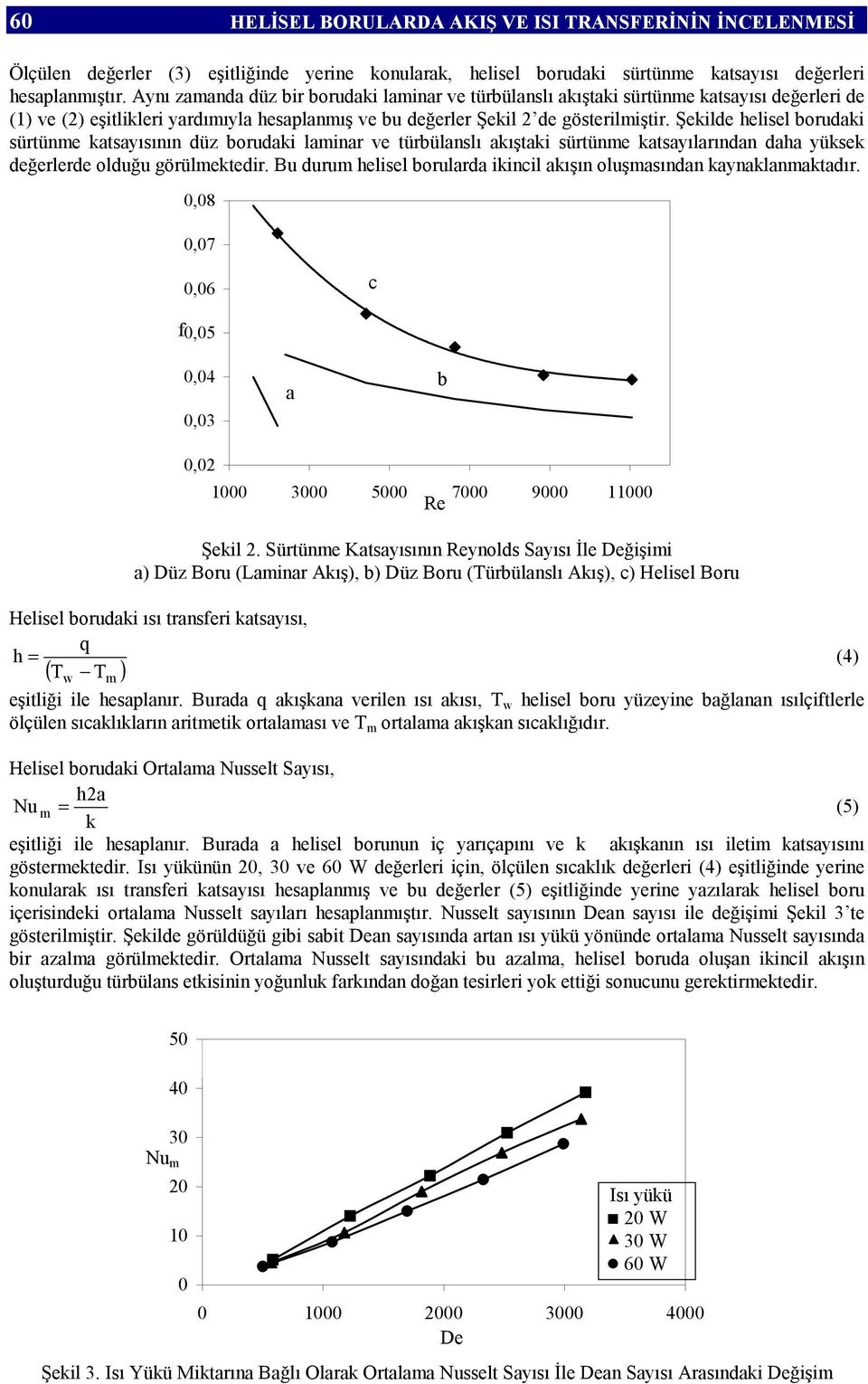 Şekilde helisel borudaki sürtünme katsayısının düz borudaki laminar ve türbülanslı akıştaki sürtünme katsayılarından daha yüksek değerlerde olduğu görülmektedir.