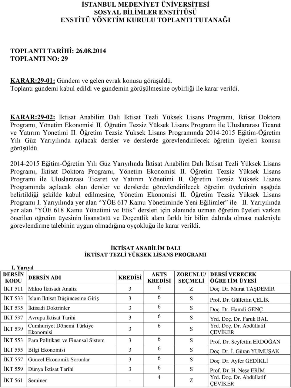 KARAR:29-02: İktisat Anabilim Dalı İktisat Tezli Yüksek Lisans Programı, İktisat Doktora Programı, Yönetim Ekonomisi II.