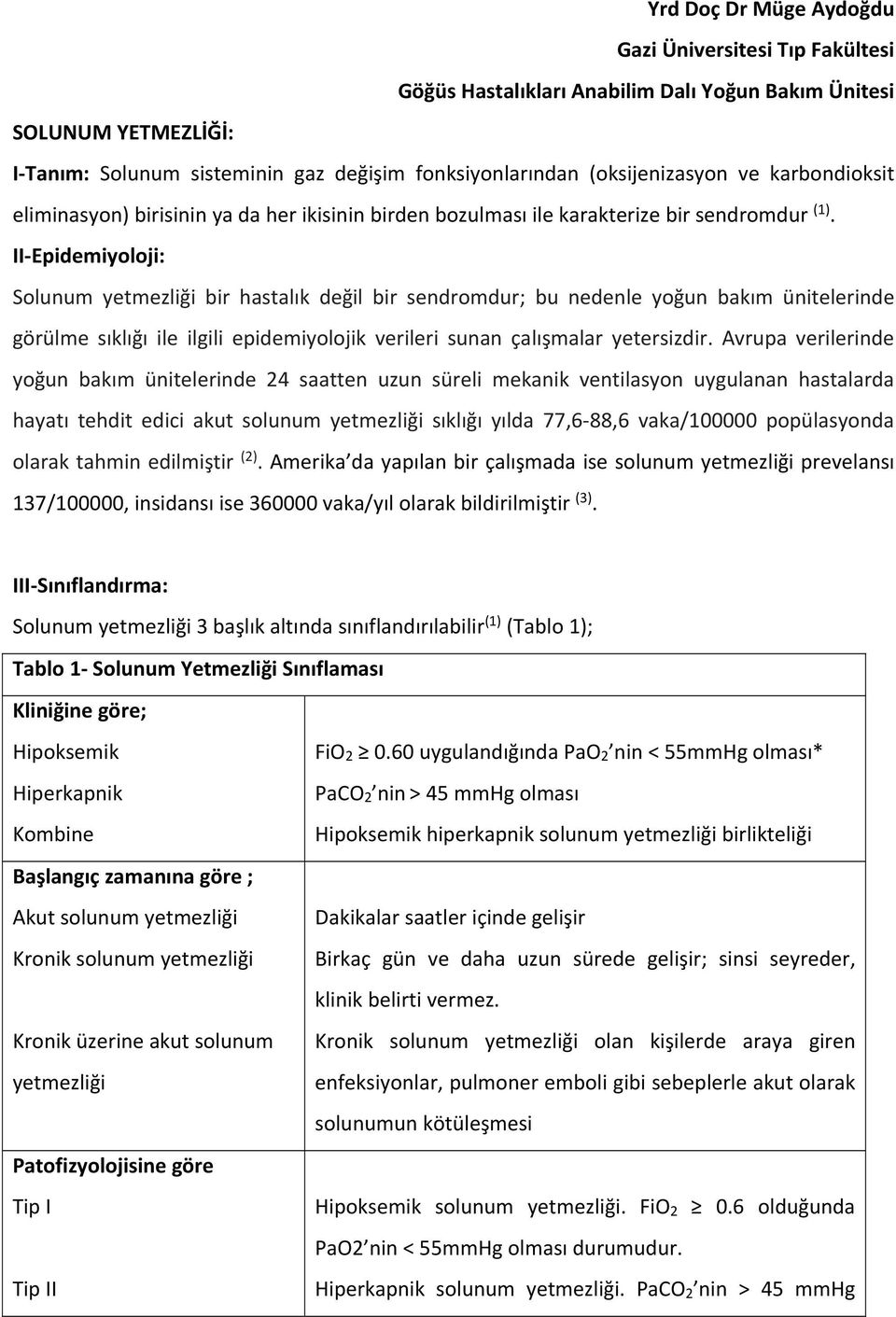 II Epidemiyoloji: Solunum yetmezliği bir hastalık değil bir sendromdur; bu nedenle yoğun bakım ünitelerinde görülme sıklığı ile ilgili epidemiyolojik verileri sunan çalışmalar yetersizdir.