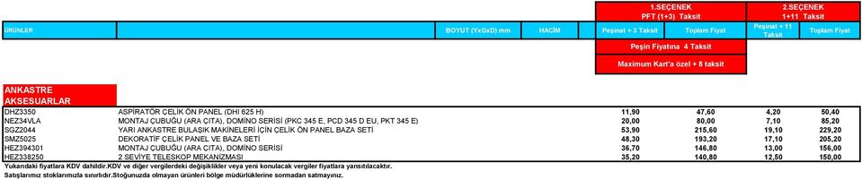 48,30 193,20 17,10 205,20 HEZ394301 MONTAJ ÇUBUĞU (ARA ÇITA), DOMİNO SERİSİ 36,70 146,80 13,00 156,00 HEZ338250 2 SEVİYE TELESKOP MEKANİZMASI 35,20 140,80 12,50 150,00 Yukarıdaki fiyatlara KDV