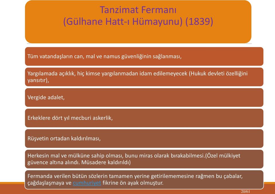 kaldırılması, Herkesin mal ve mülküne sahip olması, bunu miras olarak bırakabilmesi.(özel mülkiyet güvence altına alındı.