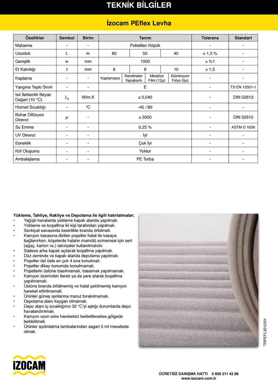 K 0,040 - DIN 52613 Hizmet Sıcaklığı - C -45 / 80 - - Buhar Difüzyon Direnci µ - 5000 - DIN 52615 Su Emme - - 0,25 % - ASTM D 1056 UV Direnci - - İyi - - Esneklik - - Çok İyi - - Küf Oluşumu - -