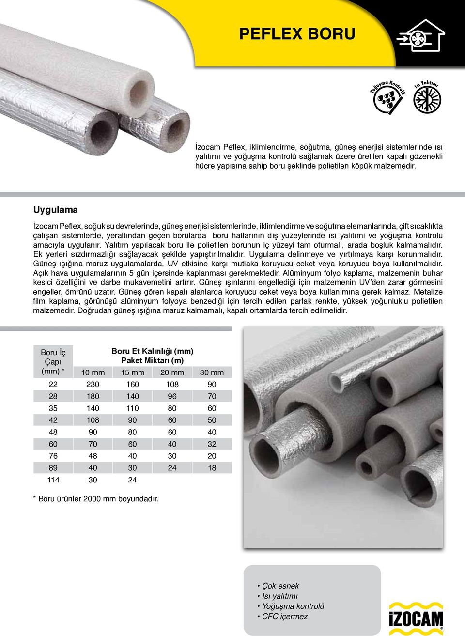 Uygulama İzocam Peflex, soğuk su devrelerinde, güneş enerjisi sistemlerinde, iklimlendirme ve soğutma elemanlarında, çift sıcaklıkta çalışan sistemlerde, yeraltından geçen borularda boru hatlarının