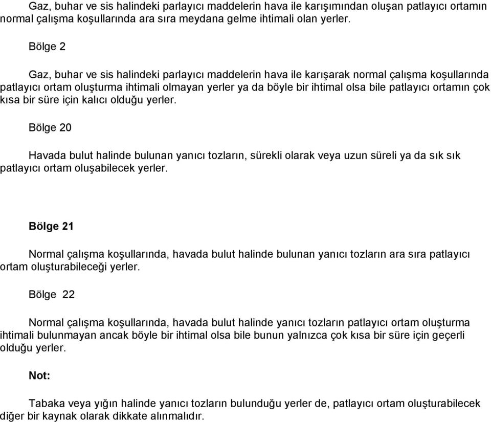 ortamın çok kısa bir süre için kalıcı olduğu yerler. Bölge 20 Havada bulut halinde bulunan yanıcı tozların, sürekli olarak veya uzun süreli ya da sık sık patlayıcı ortam oluşabilecek yerler.