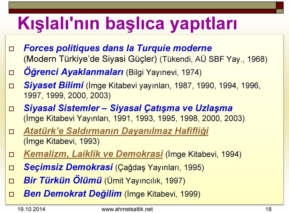 Siyasal Çatışma ve Uzlaşma (İmge Kitabevi Yayınları, 1991, 1993, 1995, 1998, 2000, 2003) Atatürk e Saldırmanın Dayanılmaz Hafifliği (İmge Kitabevi, 1993) Kemalizm,