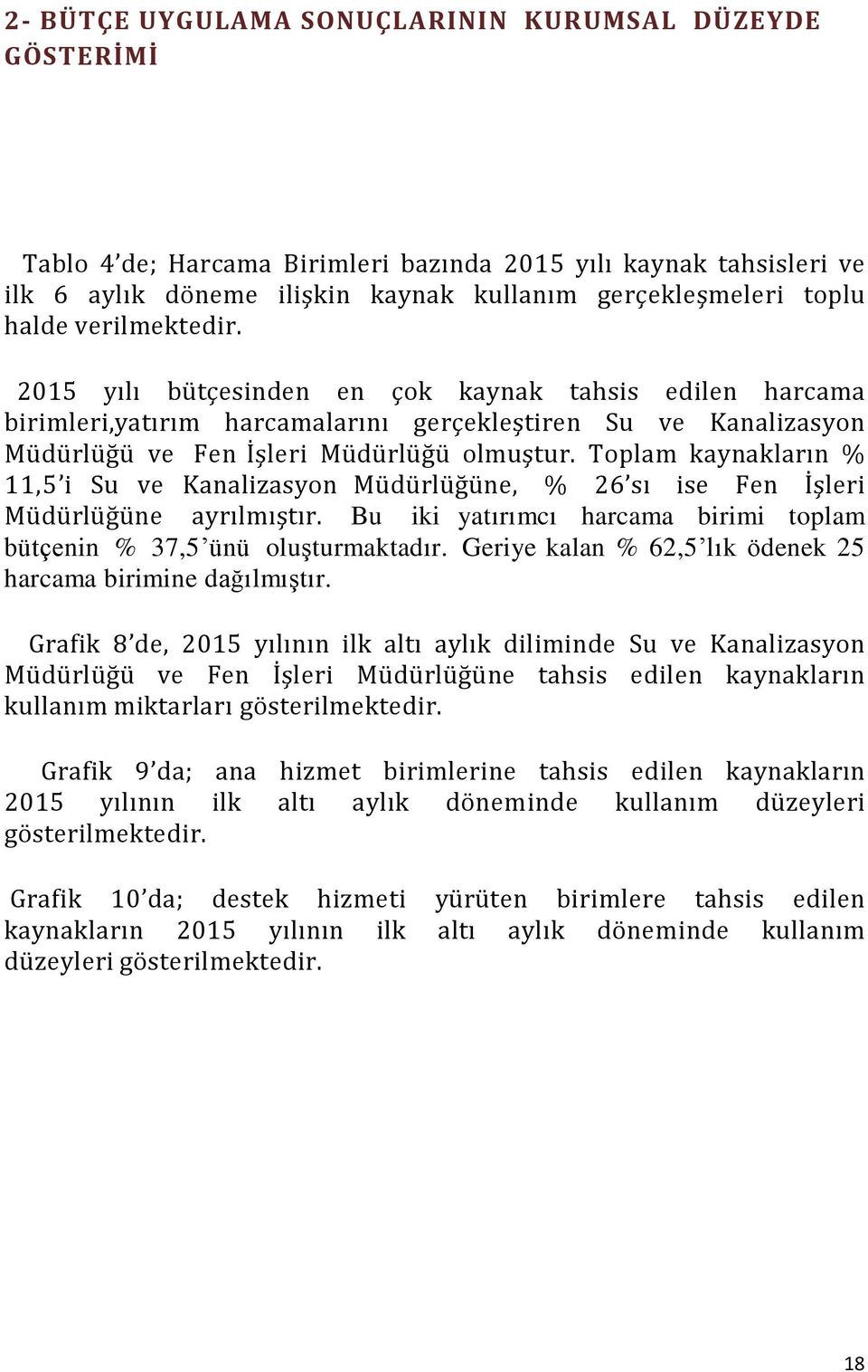 Toplam kaynakların % 11,5 i Su ve Kanalizasyon Müdürlüğüne, % 26 sı ise Fen İşleri Müdürlüğüne ayrılmıştır. Bu iki yatırımcı harcama birimi toplam bütçenin % 37,5 ünü oluşturmaktadır.