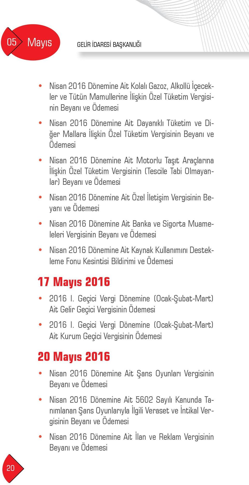 Vergisinin Beyanı ve Nisan 2016 Dönemine Ait Banka ve Sigorta Muameleleri Vergisinin Nisan 2016 Dönemine Ait Kaynak Kullanımını Destekleme Fonu Kesintisi Bildirimi ve 17 Mayıs 2016 2016 I.