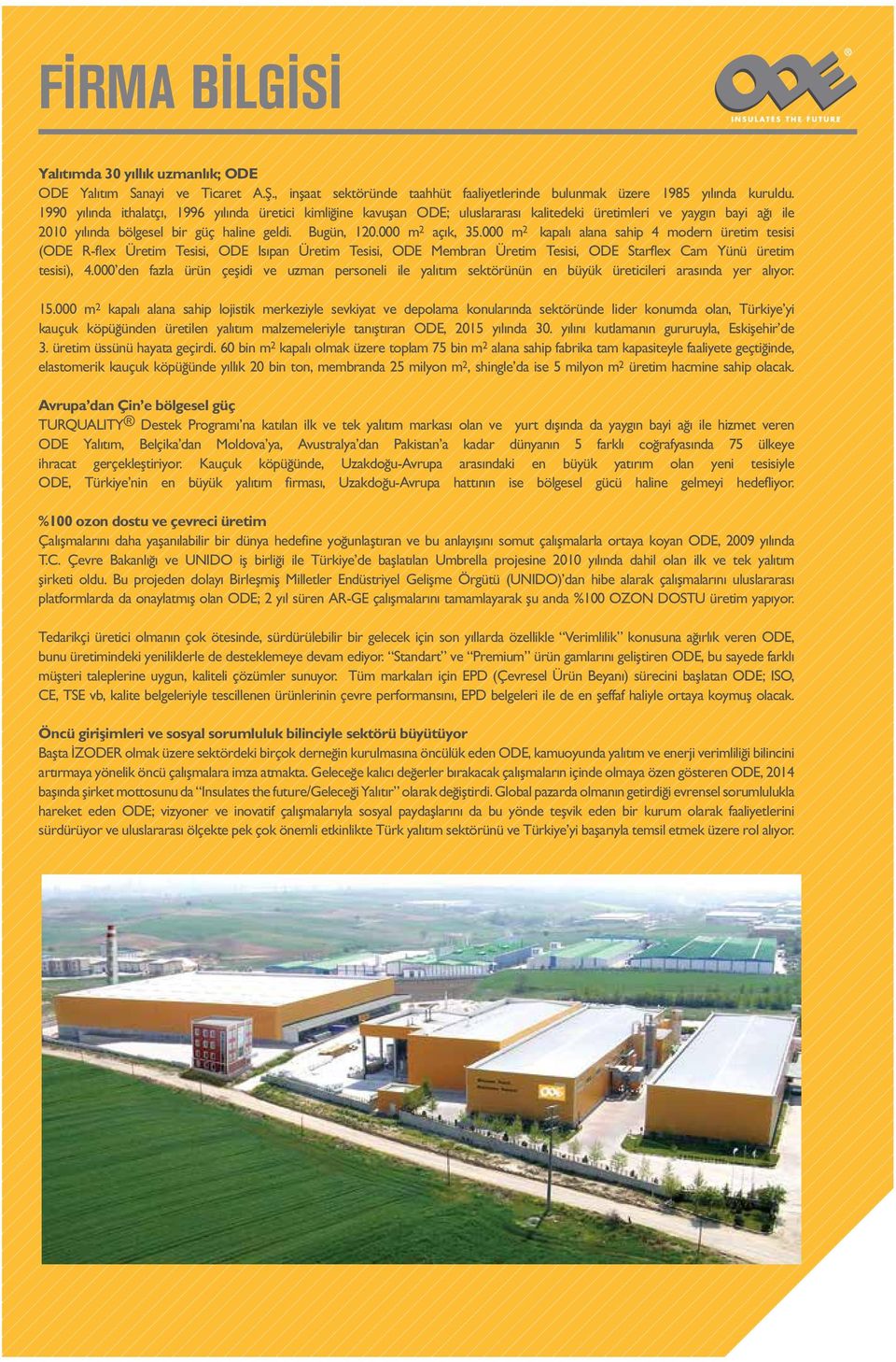 000 m 2 ² kapalı alana sahip 4 modern üretim tesisi (ODE R-flex Üretim Tesisi, ODE Isıpan Üretim Tesisi, ODE Membran Üretim Tesisi, ODE Starflex Cam Yünü üretim tesisi), 4.