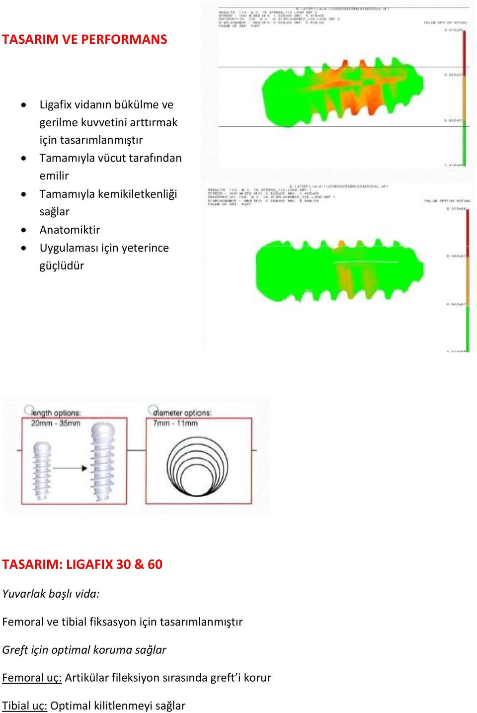 TASARIM: LIGAFIX 30 & 60 Yuvarlak başlı vida: Femoral ve tibial fiksasyon için tasarımlanmıştır Greft için