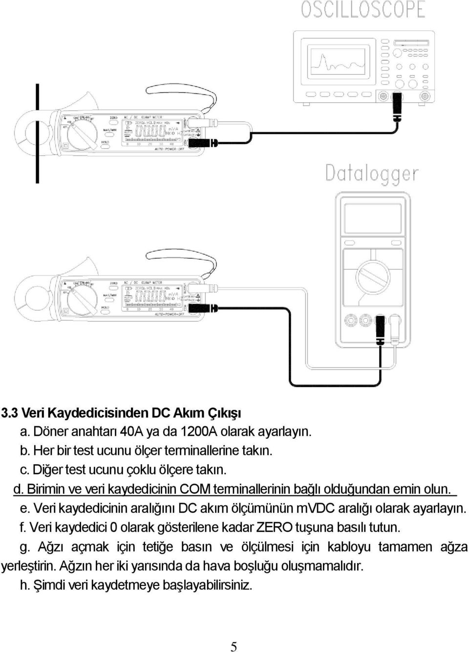 in olun. e. Veri kaydedicinin aralığını DC akım ölçümünün mvdc aralığı olarak ayarlayın. f.