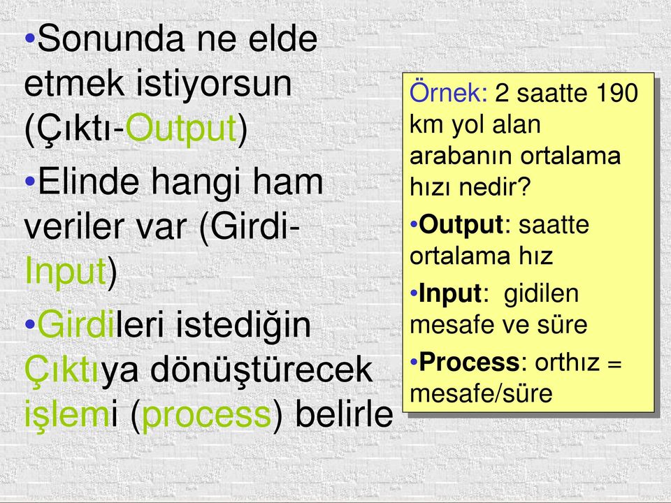 belirle Örnek: 2 saatte 190 km yol alan arabanın ortalama hızı nedir?