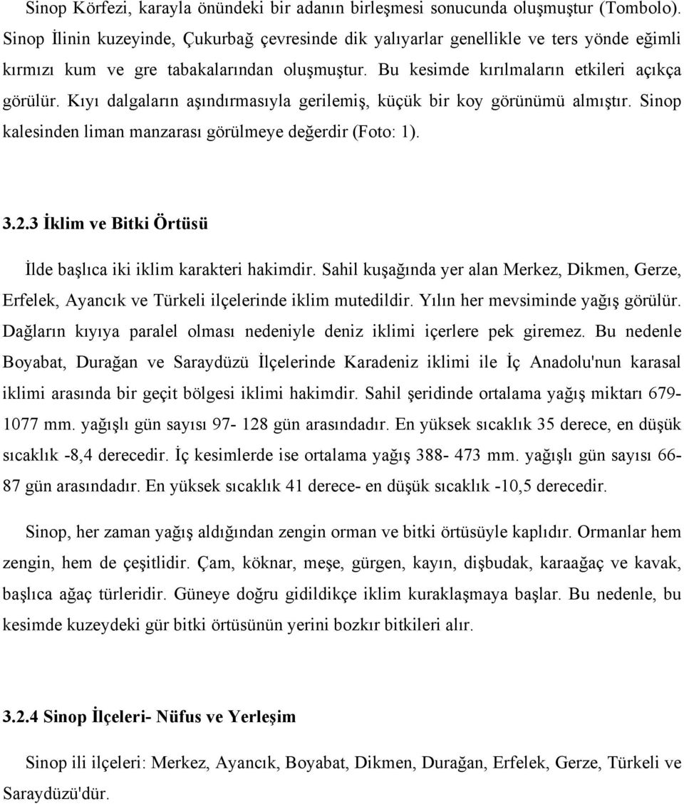 Kıyı dalgaların aşındırmasıyla gerilemiş, küçük bir koy görünümü almıştır. Sinop kalesinden liman manzarası görülmeye değerdir (Foto: 1). 3.2.