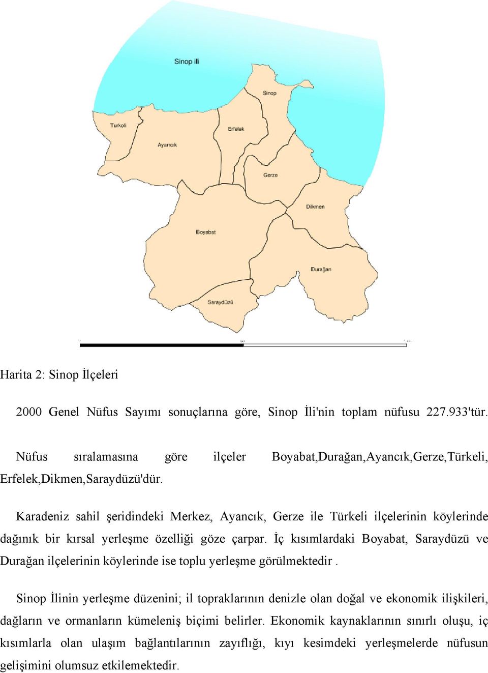 İç kısımlardaki Boyabat, Saraydüzü ve Durağan ilçelerininn köylerindee ise toplu yerleşme görülmektedirr.