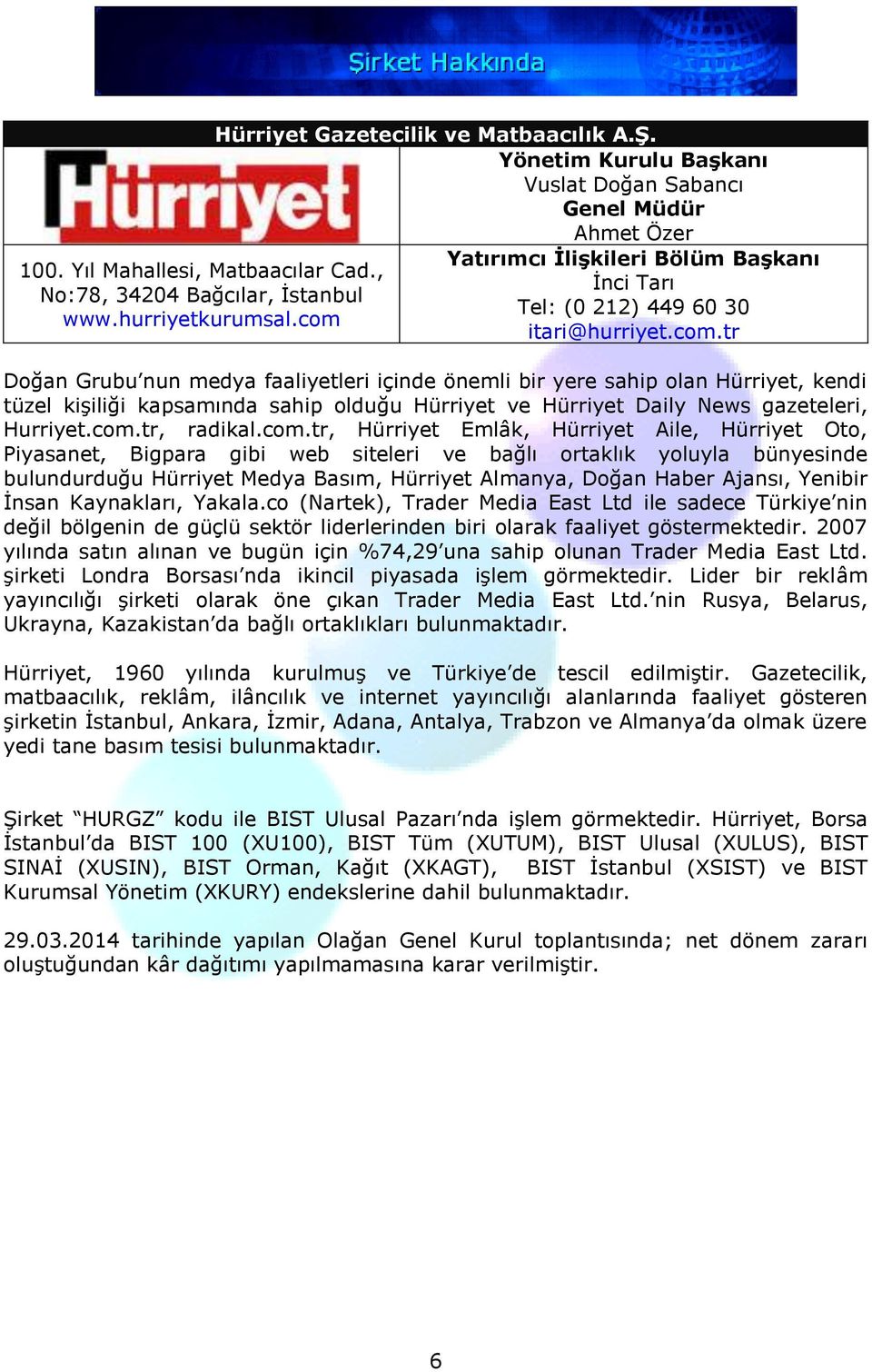 tr Doğan Grubu nun medya faaliyetleri içinde önemli bir yere sahip olan Hürriyet, kendi tüzel kişiliği kapsamında sahip olduğu Hürriyet ve Hürriyet Daily News gazeteleri, Hurriyet.com.