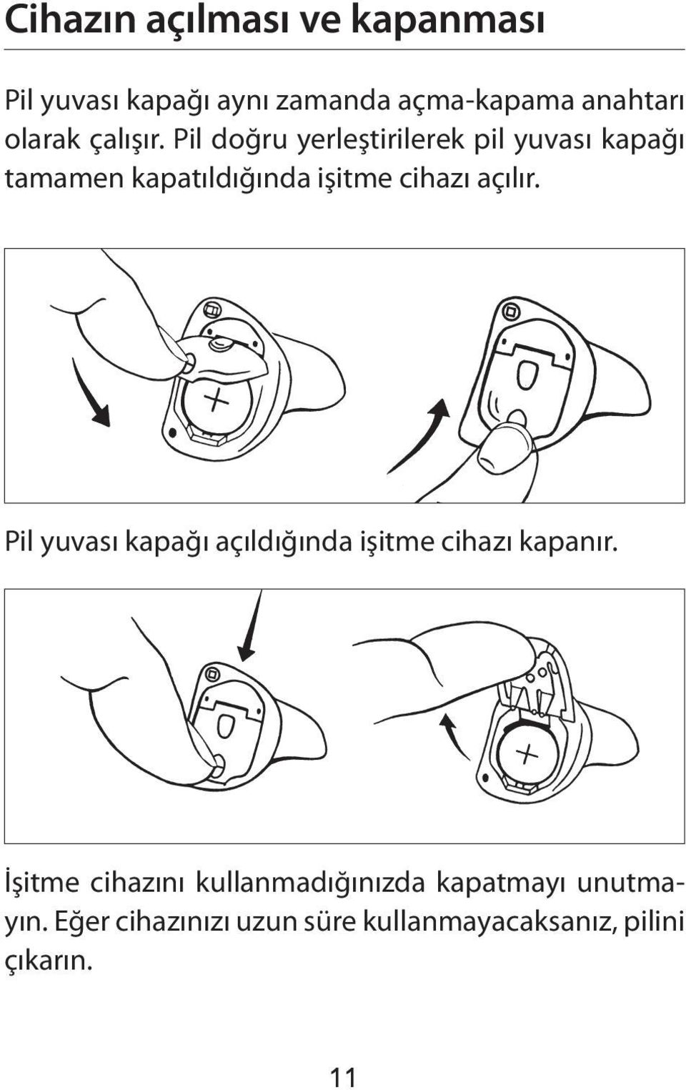 Pil doğru yerleştirilerek pil yuvası kapağı tamamen kapatıldığında işitme cihazı açılır.