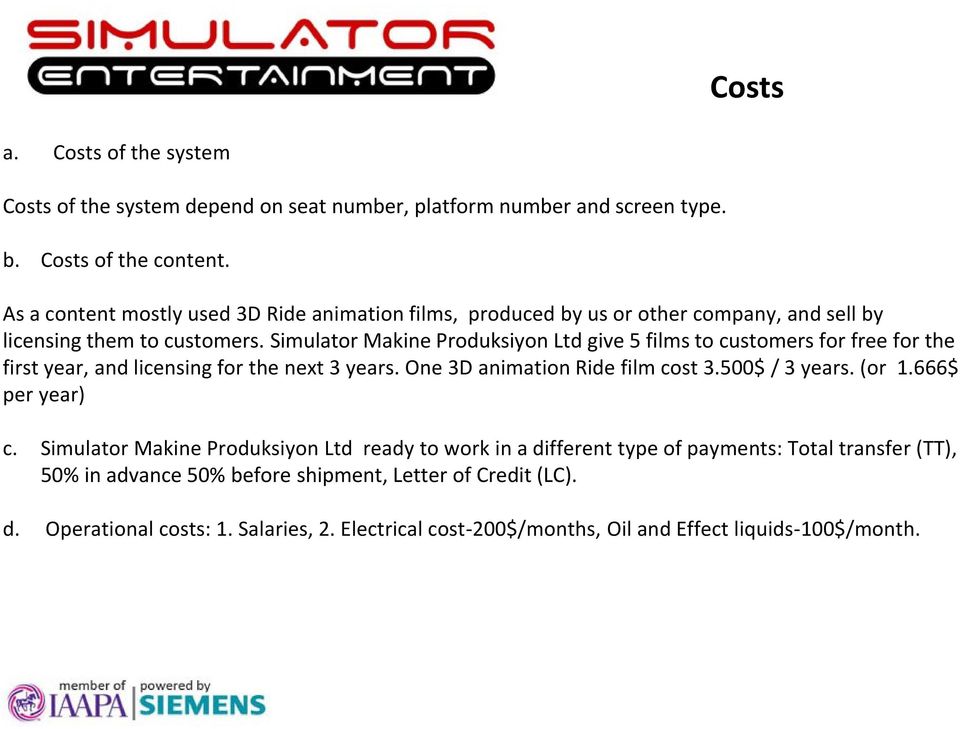 Simulator Makine Produksiyon Ltd give 5 films to customers for free for the first year, and licensing for the next 3 years. One 3D animation Ride film cost 3.500$ / 3 years.
