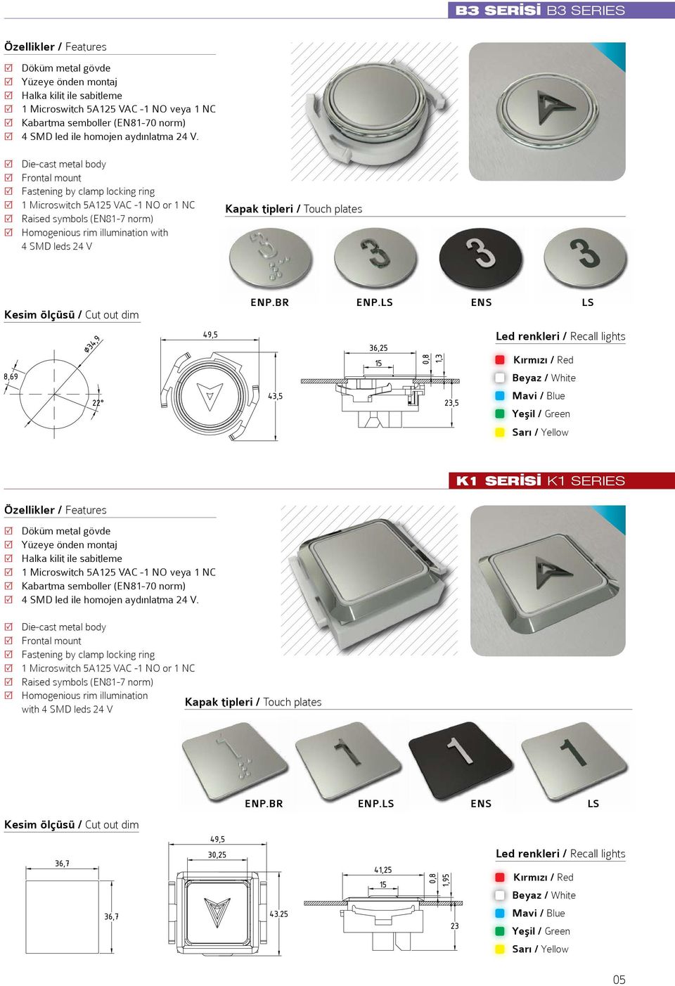 Die-cast metal body Frontal mount Fastening by clamp locking ring 1 Microswitch 5A125 VAC -1 NO or 1 NC Raised symbols (EN81-7 norm) Homogenious rim illumination with 4 SMD leds 24 V Kapak tipleri /