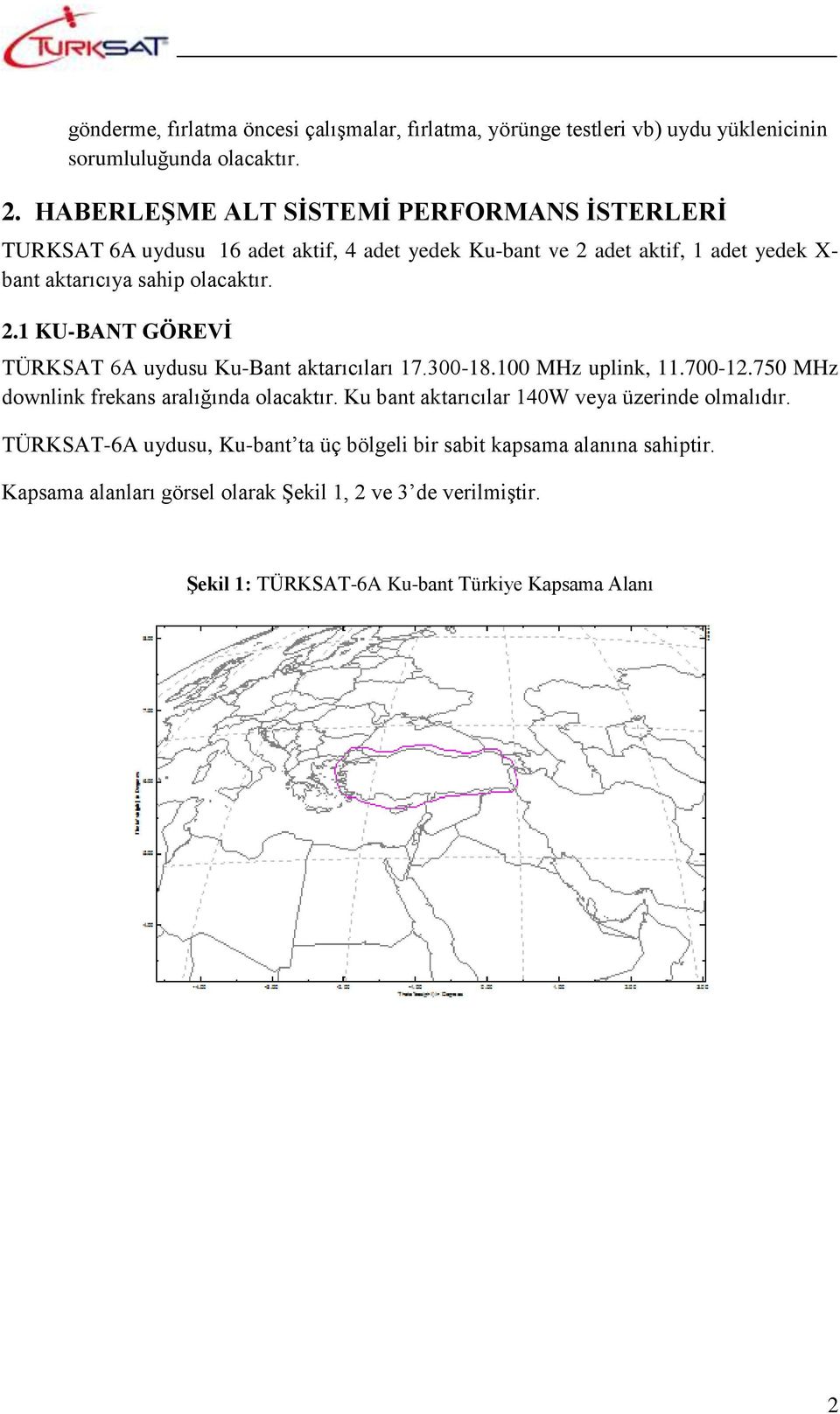 300-18.100 MHz uplink, 11.700-12.750 MHz downlink frekans aralığında olacaktır. Ku bant aktarıcılar 140W veya üzerinde olmalıdır.