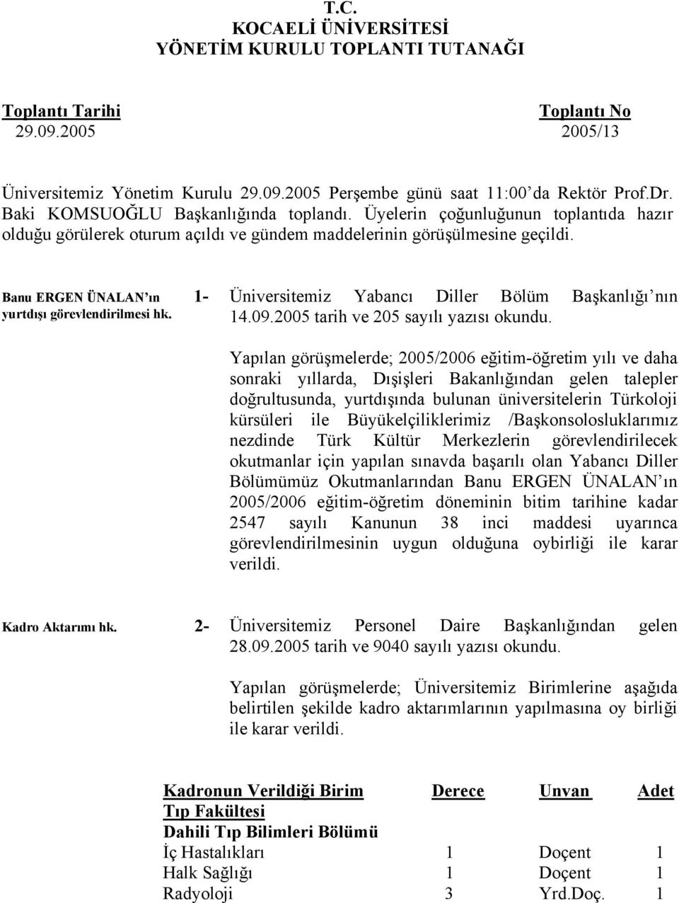 Banu ERGEN ÜNALAN ın 1- yurtdışı görevlendirilmesi hk. Üniversitemiz Yabancı Diller Bölüm Başkanlığı nın 14.09.2005 tarih ve 205 sayılı yazısı okundu.