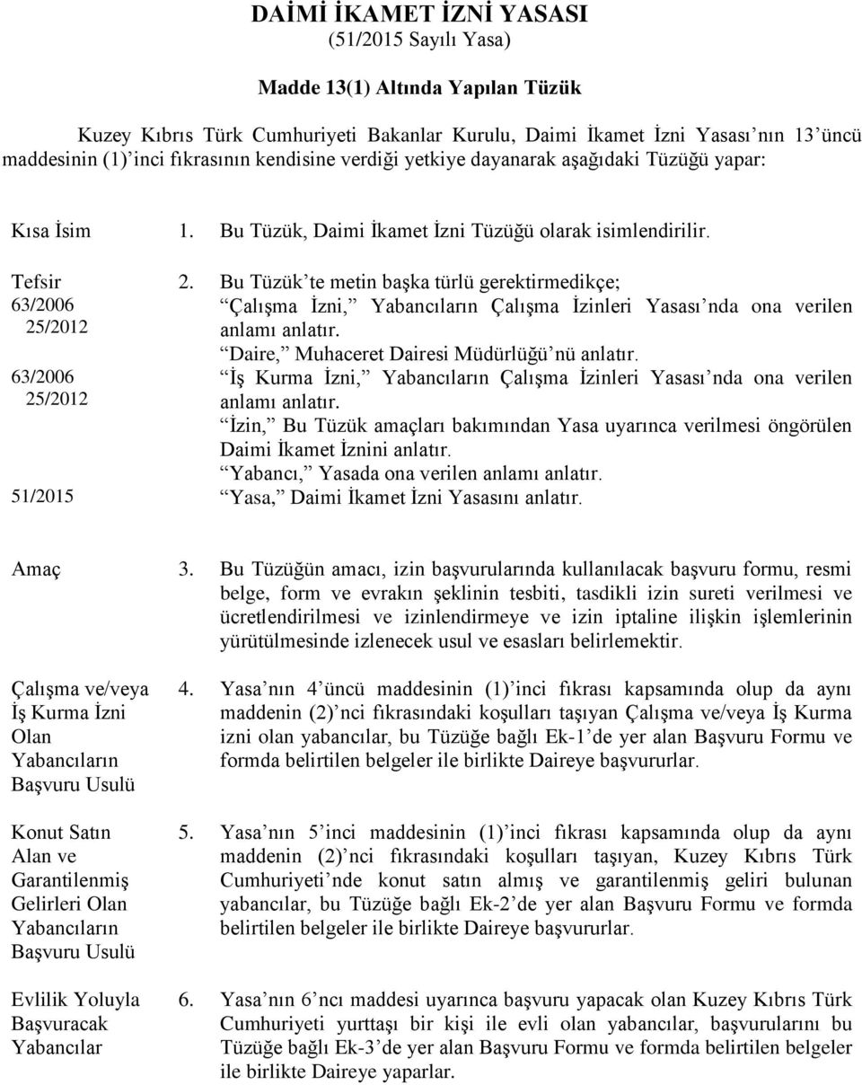 Bu Tüzük te metin başka türlü gerektirmedikçe; 63/2006 Çalışma İzni, Yabancıların Çalışma İzinleri Yasası nda ona verilen 25/2012 anlamı anlatır.