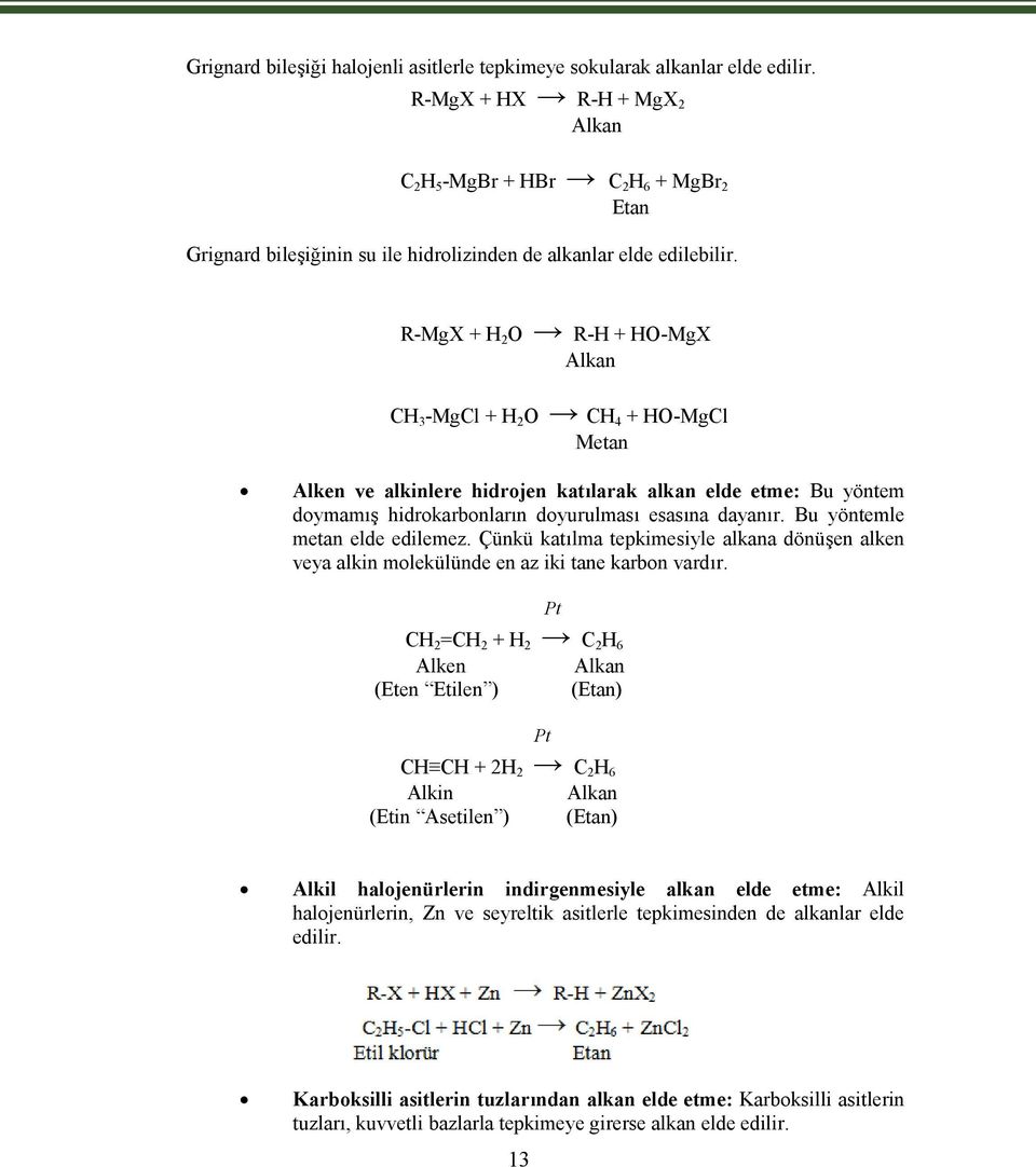 R-MgX + H 2 O R-H + HO-MgX Alkan CH 3 -MgCl + H 2 O CH 4 + HO-MgCl Metan Alken ve alkinlere hidrojen katılarak alkan elde etme: Bu yöntem doymamış hidrokarbonların doyurulması esasına dayanır.