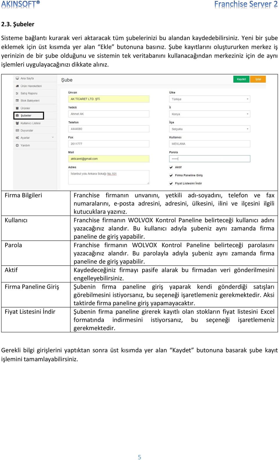 Firma Bilgileri Kullanıcı Parola Aktif Franchise firmanın unvanını, yetkili adı-soyadını, telefon ve fax numaralarını, e-posta adresini, adresini, ülkesini, ilini ve ilçesini ilgili kutucuklara