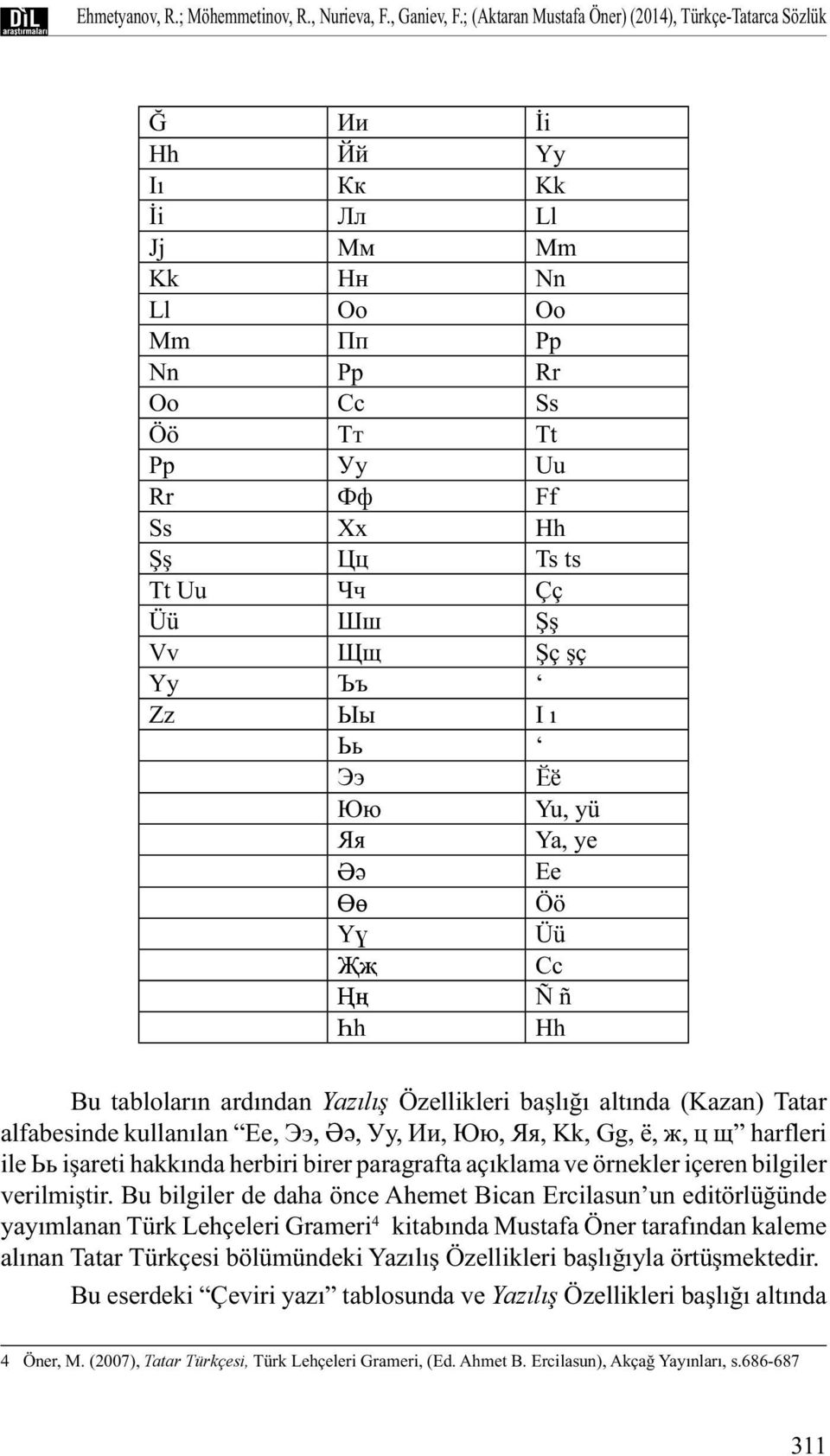 Шш Şş Vv Щщ Şç şç Yy Ъъ Zz Ыы I ı Ьь Ээ Ӗӗ Юю Yu, yü Яя Ya, ye Әә Ee Өө Öö Үү Üü Җҗ Cc Ңң Ñ ñ Һһ Hh Bu tabloların ardından Yazılış Özellikleri başlığı altında (Kazan) Tatar alfabesinde kullanılan Ee,