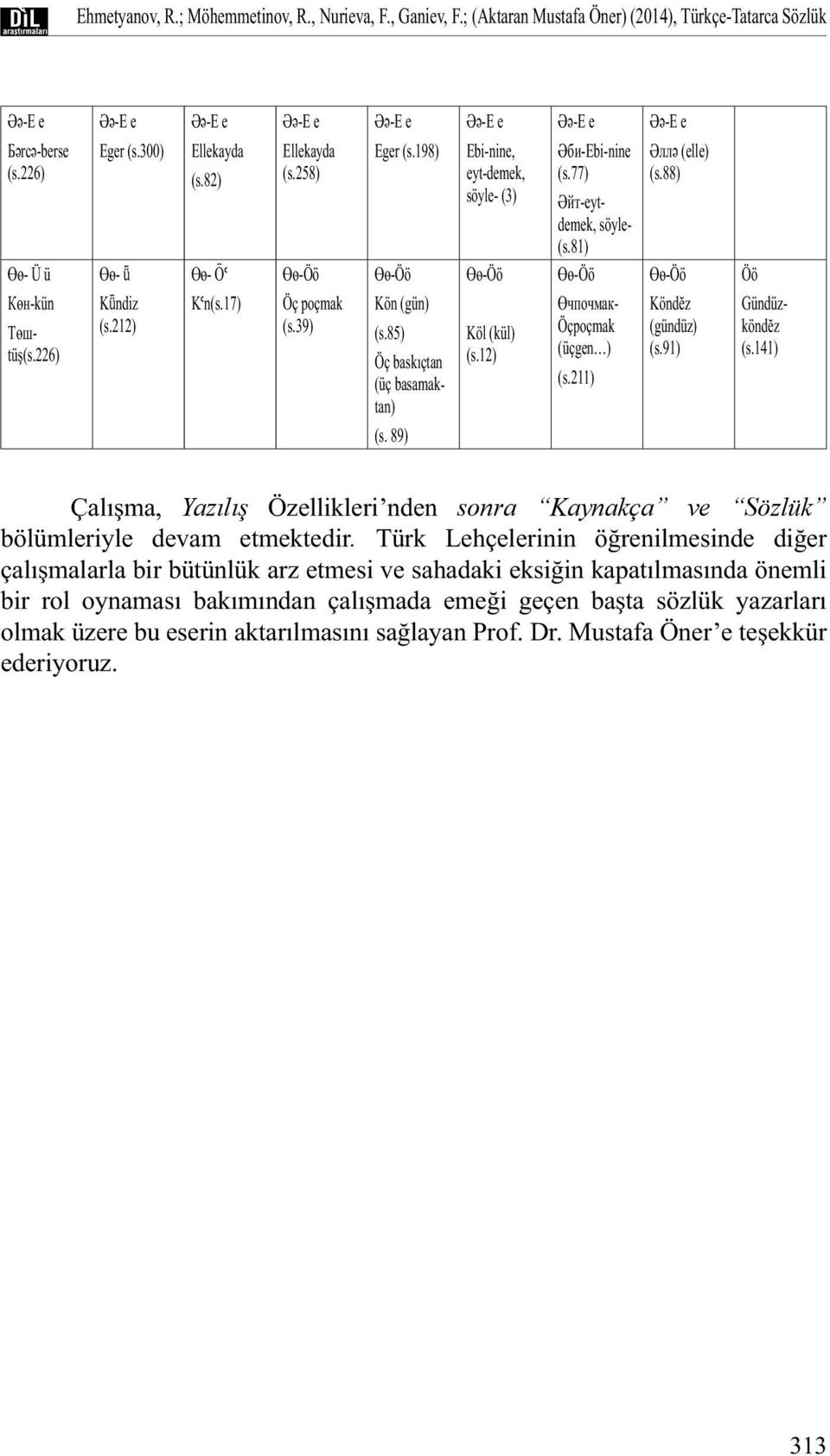 39) Köl (kül) (s.12) Kön (gün) (s.85) Öç baskıçtan (üç basamaktan) Өчпочмак- Öçpoçmak (üçgen ) (s.211) Köndĕz (gündüz) (s.91) Gündüzköndĕz (s.141) (s.