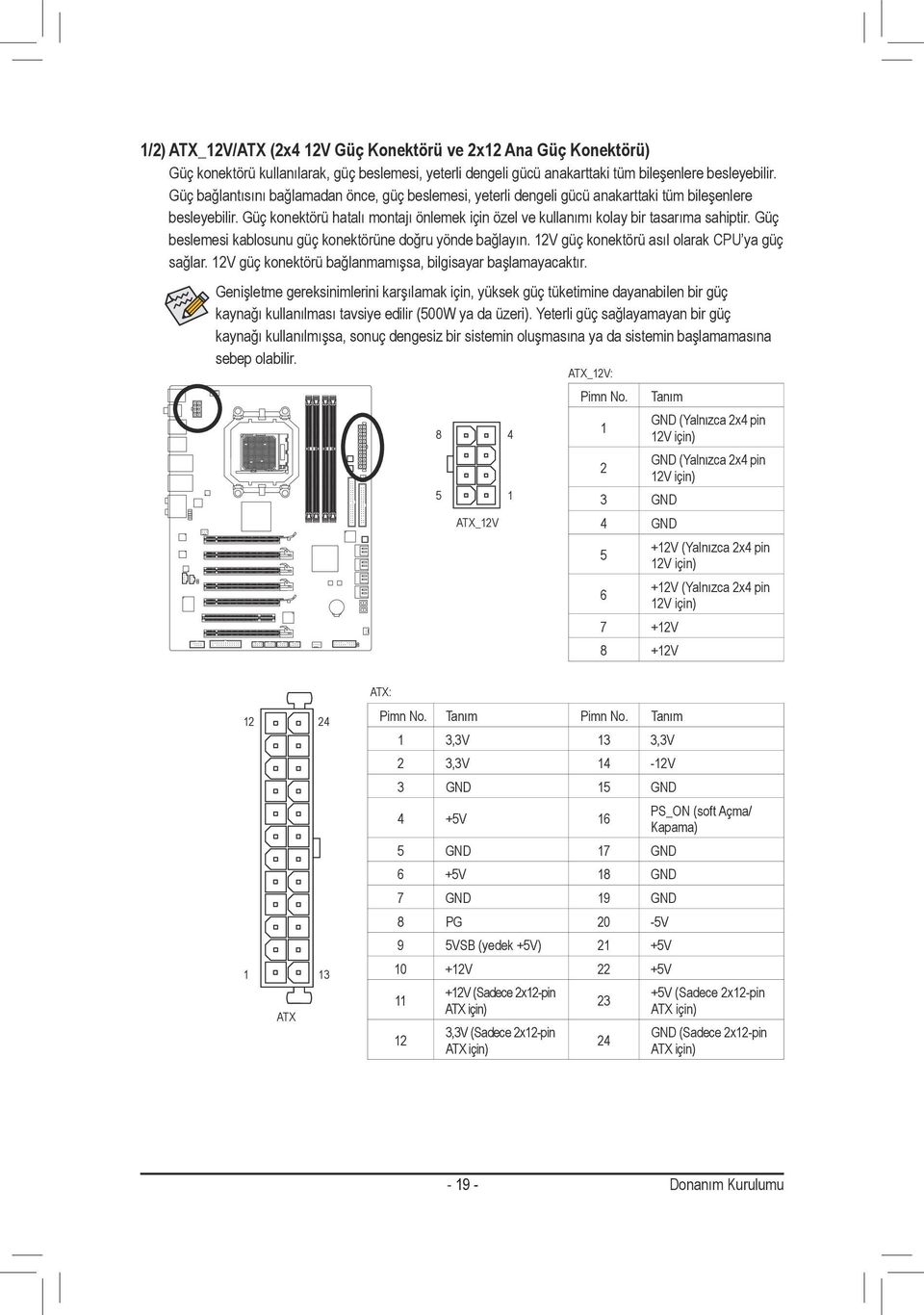 Güç beslemesi kablosunu güç konektörüne doğru yönde bağlayın. 2V güç konektörü asıl olarak CPU ya güç sağlar. 2V güç konektörü bağlanmamışsa, bilgisayar başlamayacaktır.