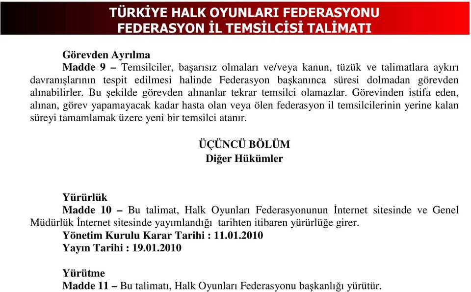 Görevinden istifa eden, alınan, görev yapamayacak kadar hasta olan veya ölen federasyon il temsilcilerinin yerine kalan süreyi tamamlamak üzere yeni bir temsilci atanır.