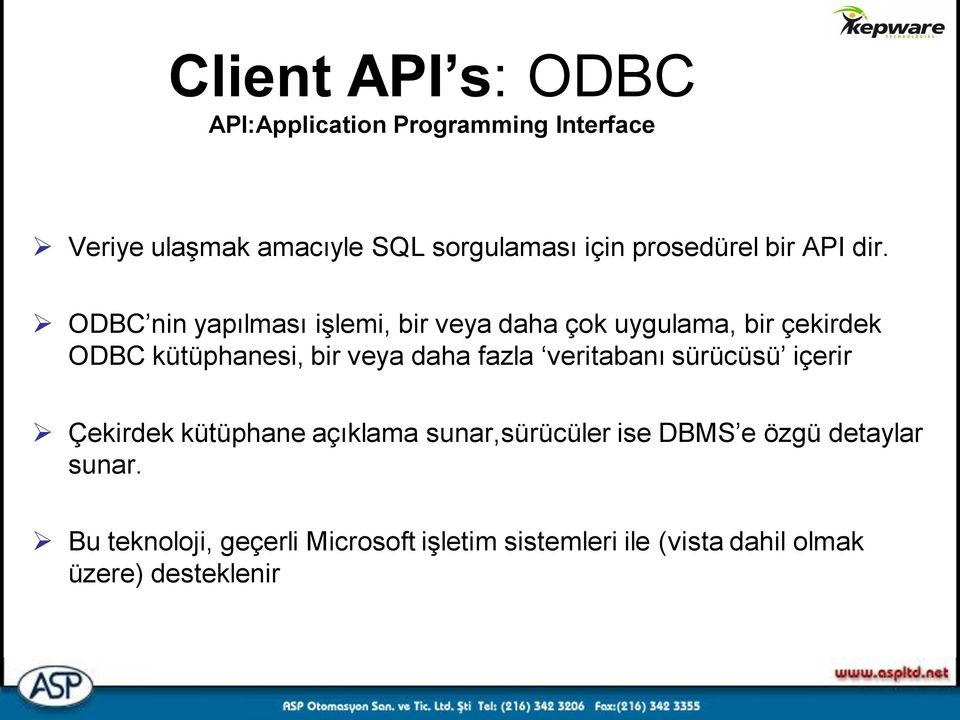 ODBC nin yapılması işlemi, bir veya daha çok uygulama, bir çekirdek ODBC kütüphanesi, bir veya daha fazla