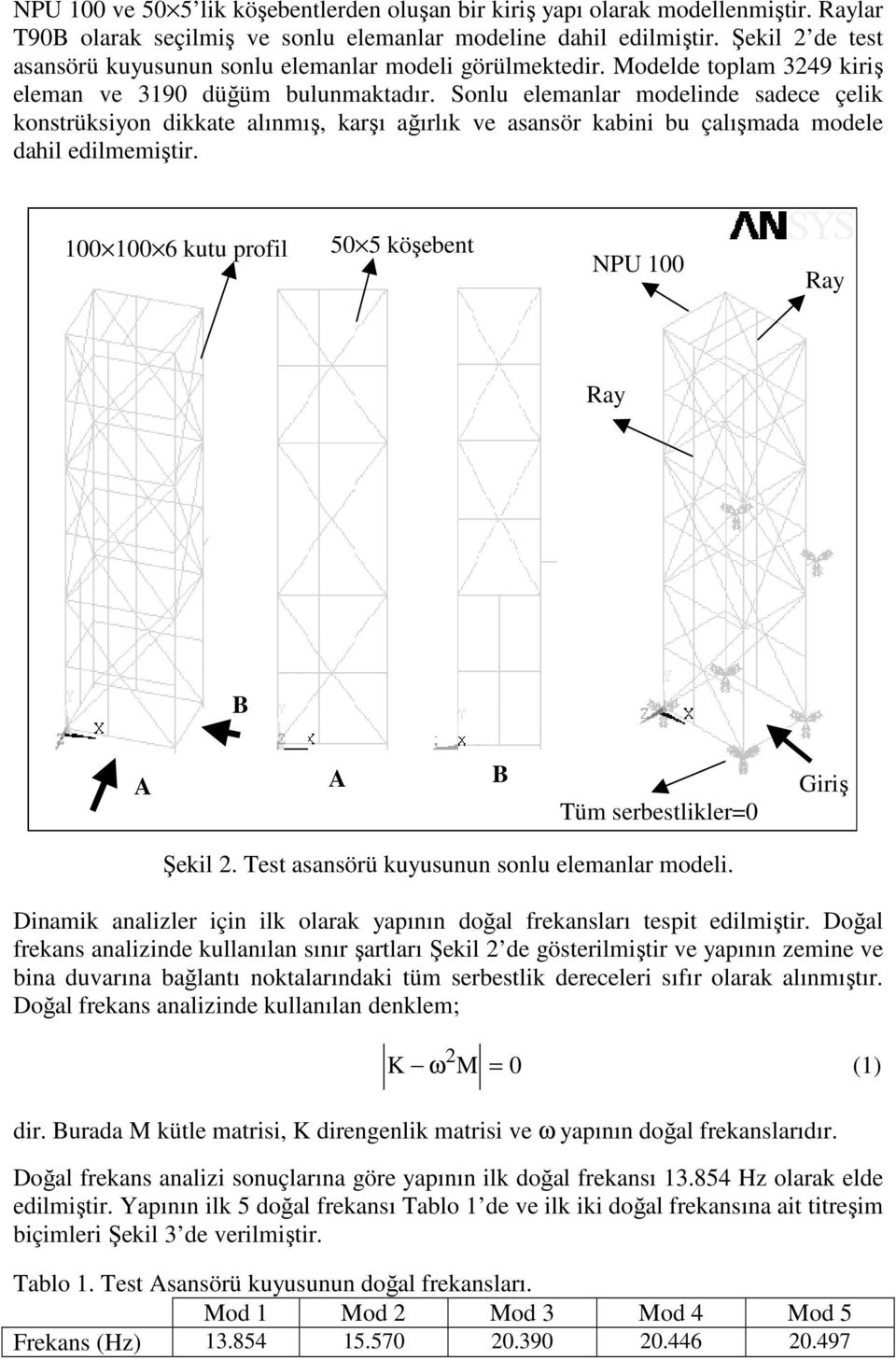 Sonlu elemanlar modelinde sadece çelik konstrüksiyon dikkate alınmış, karşı ağırlık ve asansör kabini bu çalışmada modele dahil edilmemiştir.