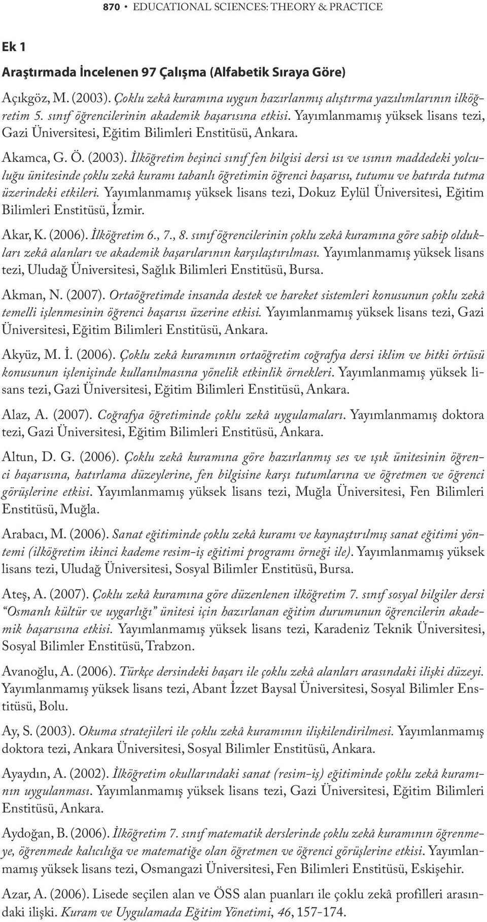 Yayımlanmamış yüksek lisans tezi, Gazi Üniversitesi, Eğitim Bilimleri Enstitüsü, Ankara. Akamca, G. Ö. (2003).