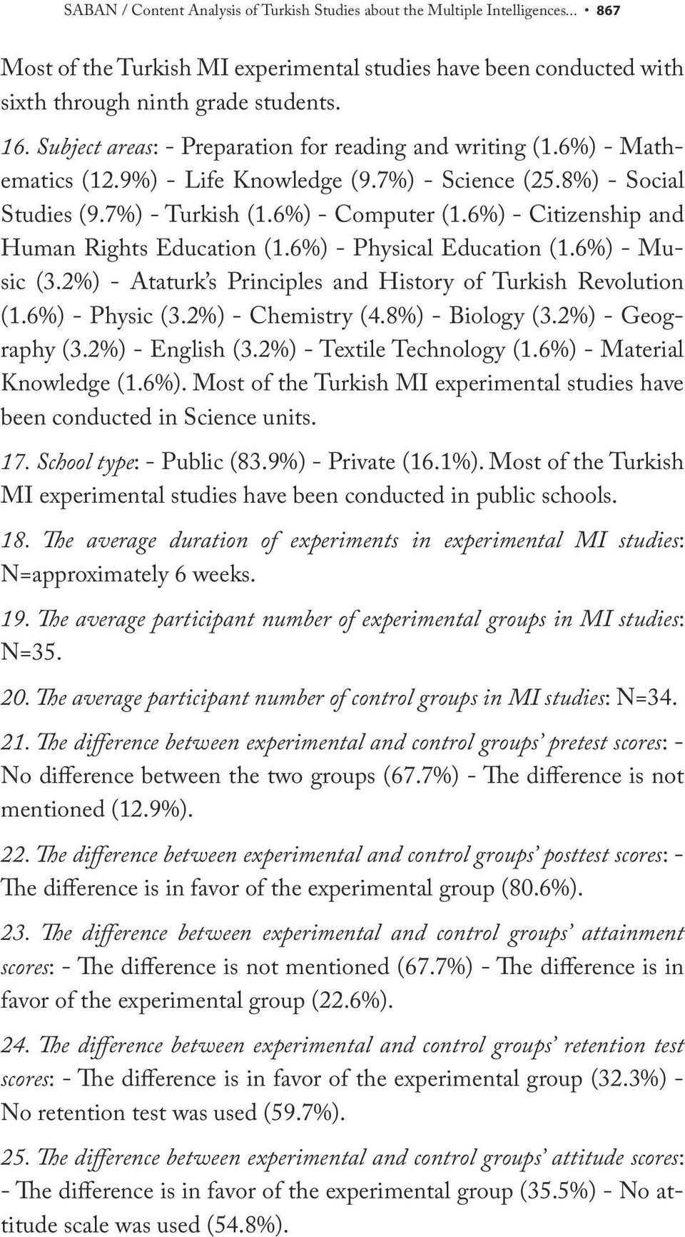 6%) - Citizenship and Human Rights Education (1.6%) - Physical Education (1.6%) - Music (3.2%) - Ataturk s Principles and History of Turkish Revolution (1.6%) - Physic (3.2%) - Chemistry (4.