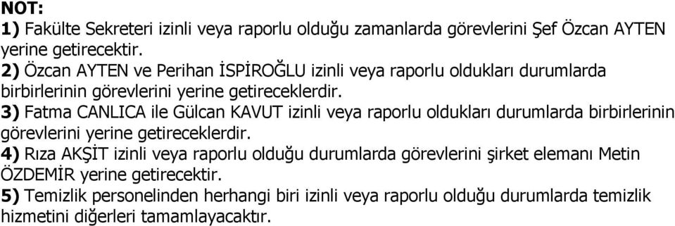 3) Fatma CANLICA ile Gülcan KAVUT izinli veya raporlu oldukları durumlarda birbirlerinin görevlerini yerine getireceklerdir.