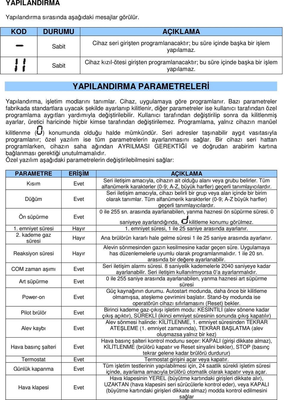 Bazı parametreler fabrikada standartlara uyacak şekilde ayarlanıp kilitlenir, diğer parametreler ise kullanıcı tarafından özel programlama aygıtları yardımıyla değiştirilebilir.