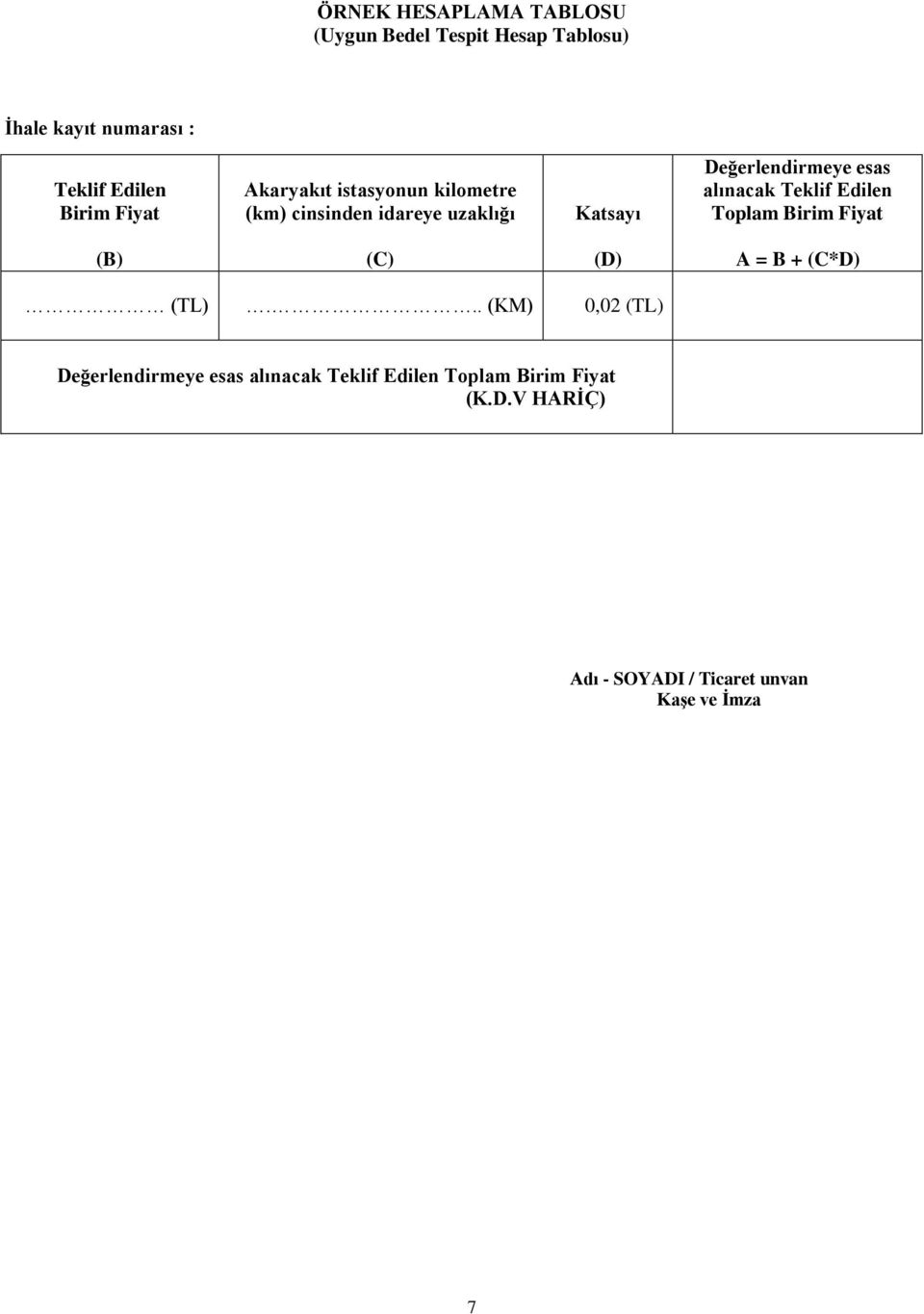 alınacak Teklif Edilen Toplam Birim Fiyat (B) (C) (D) A = B + (C*D) (TL).