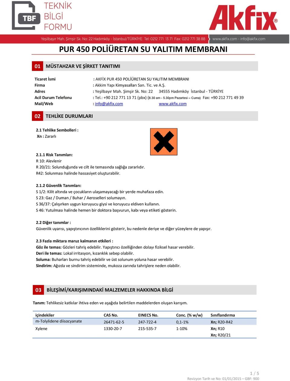 com www.akfix.com 02 TEHLİKE DURUMLARI 2.1 Tehlike Sembolleri : Xn : Zararlı 2.1.1 Risk Tanımları: R 10: Alevlenir R 20/21: Solunduğunda ve cilt ile temasında sağlığa zararlıdır.