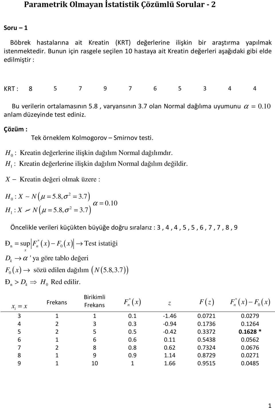 Tek öreklem Kolmogorov Smrov test. X : Kreat değerlere lşk dağılım Normal dağılımdır. : Kreat değerlere lşk dağılım Normal dağılım değldr. Kreat değer olmak üzere : ( µ = σ = ) ( µ = σ = ) : X N 5.