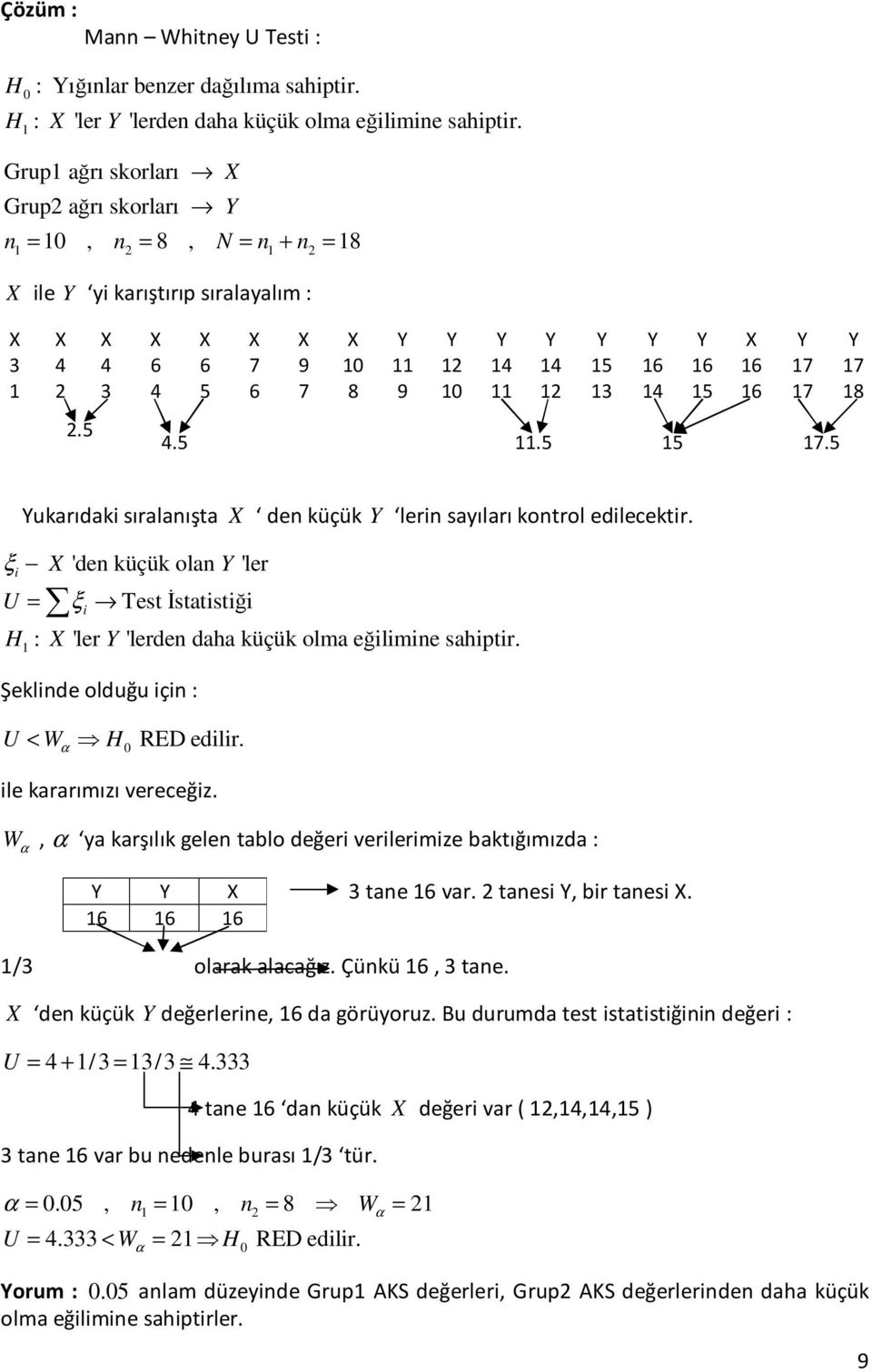 5 ξ Yukarıdak sıralaışta X de küçük Y ler sayıları kotrol edlecektr. X 'de küçük ola Y 'ler U = ξ Test Đstatstğ : X 'ler Y 'lerde daha küçük olma eğlme sahptr. Şeklde olduğu ç : U < W α RED edlr.