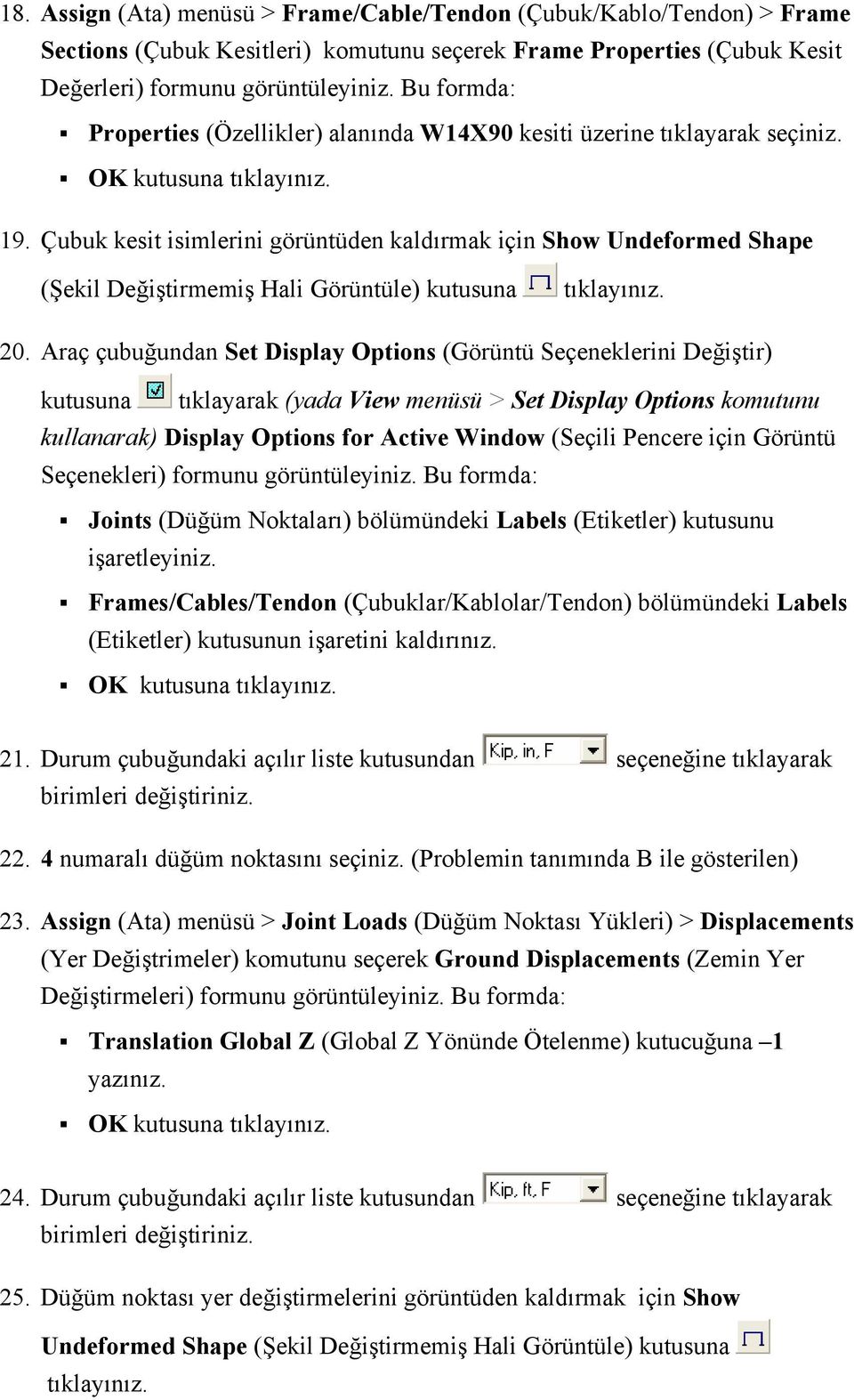 Çubuk kesit isimlerini görüntüden kaldırmak için Show Undeformed Shape (Şekil Değiştirmemiş Hali Görüntüle) kutusuna 20.