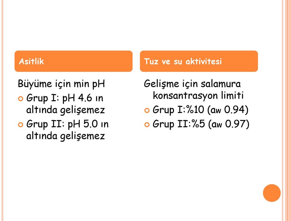 0 ın altında gelişemez Tuz ve su aktivitesi Gelişme