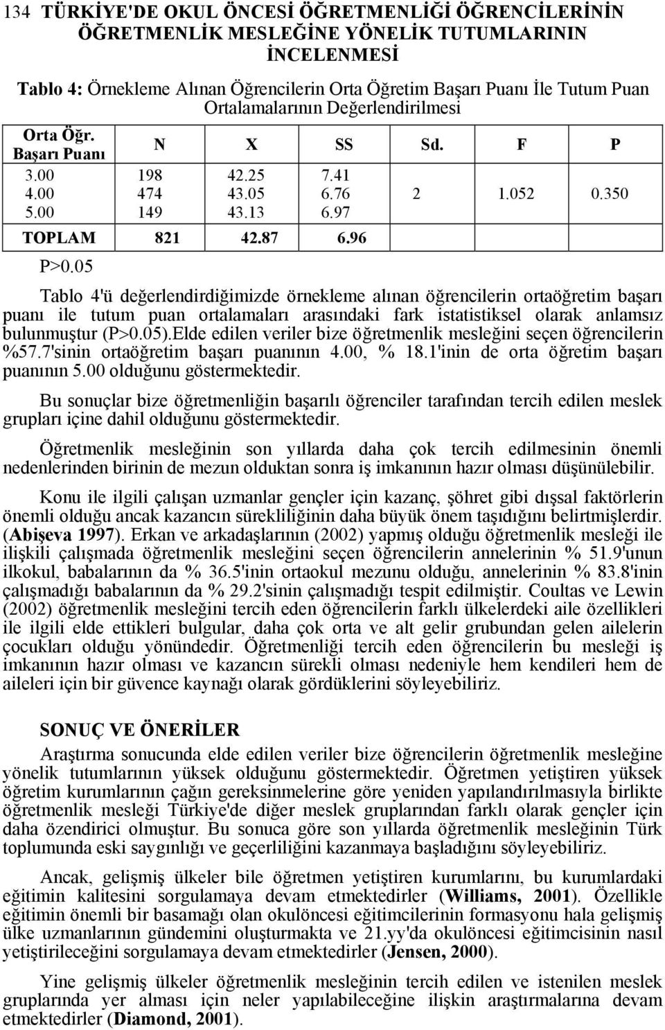 05 Tablo 4'ü değerlendirdiğimizde örnekleme alınan öğrencilerin ortaöğretim başarı puanı ile tutum puan ortalamaları arasındaki fark istatistiksel olarak anlamsız bulunmuştur (P>0.05).