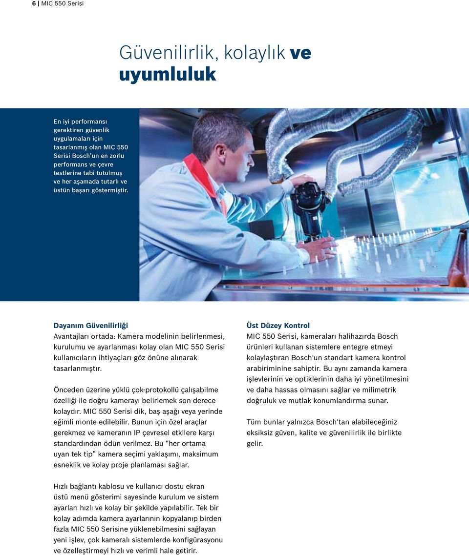 Dayanım Güvenilirliği Avantajları ortada: Kamera modelinin belirlenmesi, kurulumu ve ayarlanması kolay olan MIC 550 Serisi kullanıcıların ihtiyaçları göz önüne alınarak tasarlanmıştır.